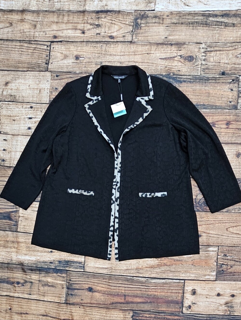 Ming Wang Knit Cardigan Jacket Women's Size 2X Leopard Trim Open Front NWT